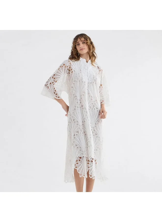 FAV Lace Detail A-Line Dress with High Neck and Short Sleeves