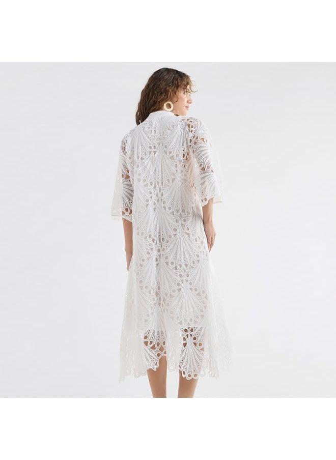 FAV - Lace Detail A-Line Dress with High Neck and Short Sleeves - Image 1
