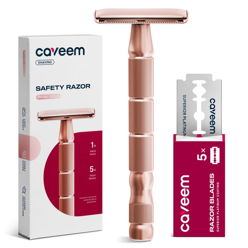 CAVEEM Rose Gold Double-Edge Safety Razor, Single-Blade Razors with 5 Stainless Steel Blades, Reusable Metal Razor for Men and Women - Image 1
