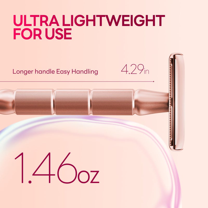 CAVEEM Rose Gold Double-Edge Safety Razor, Single-Blade Razors with 5 Stainless Steel Blades, Reusable Metal Razor for Men and Women - Image 2