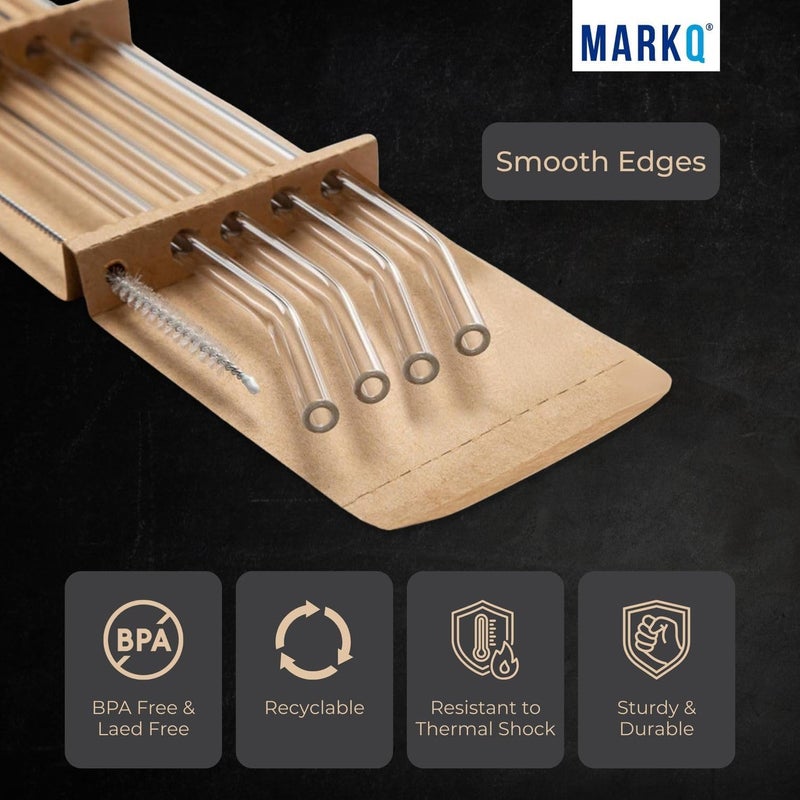 MARKQ طقم مصاصات زجاجية منحنية - 4 مصاصات قابلة لإعادة الاستخدام مع فرشاة تنظيف واحدة، مصاصات زجاجية شفافة للسموذي، الميلك شيك، العصائر، الشاي المثلج، القهوة، عبوة من 1 - Image 2