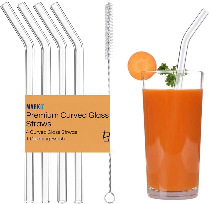 MARKQ طقم مصاصات زجاجية منحنية - 4 مصاصات قابلة لإعادة الاستخدام مع فرشاة تنظيف واحدة، مصاصات زجاجية شفافة للسموذي، الميلك شيك، العصائر، الشاي المثلج، القهوة، عبوة من 1 - Image 1