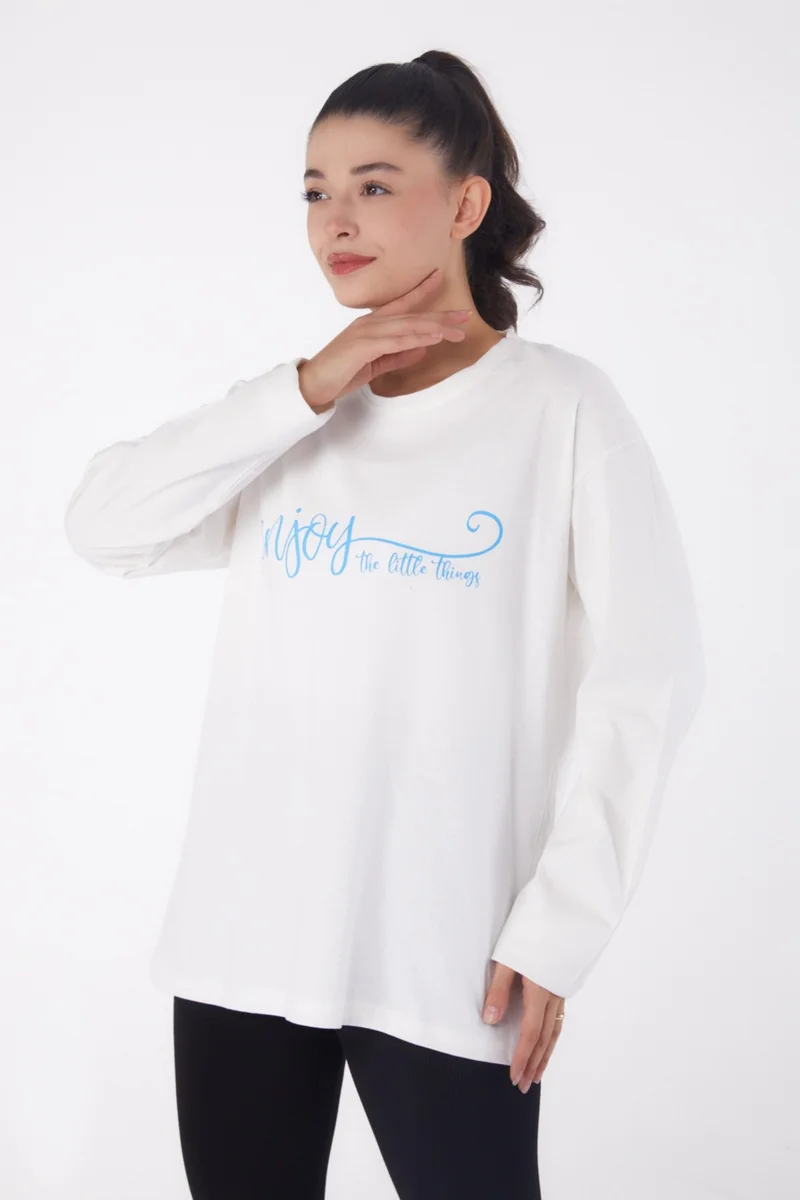 Tofisa Plain Crew Neck Women's White Printed Sweater - 26240