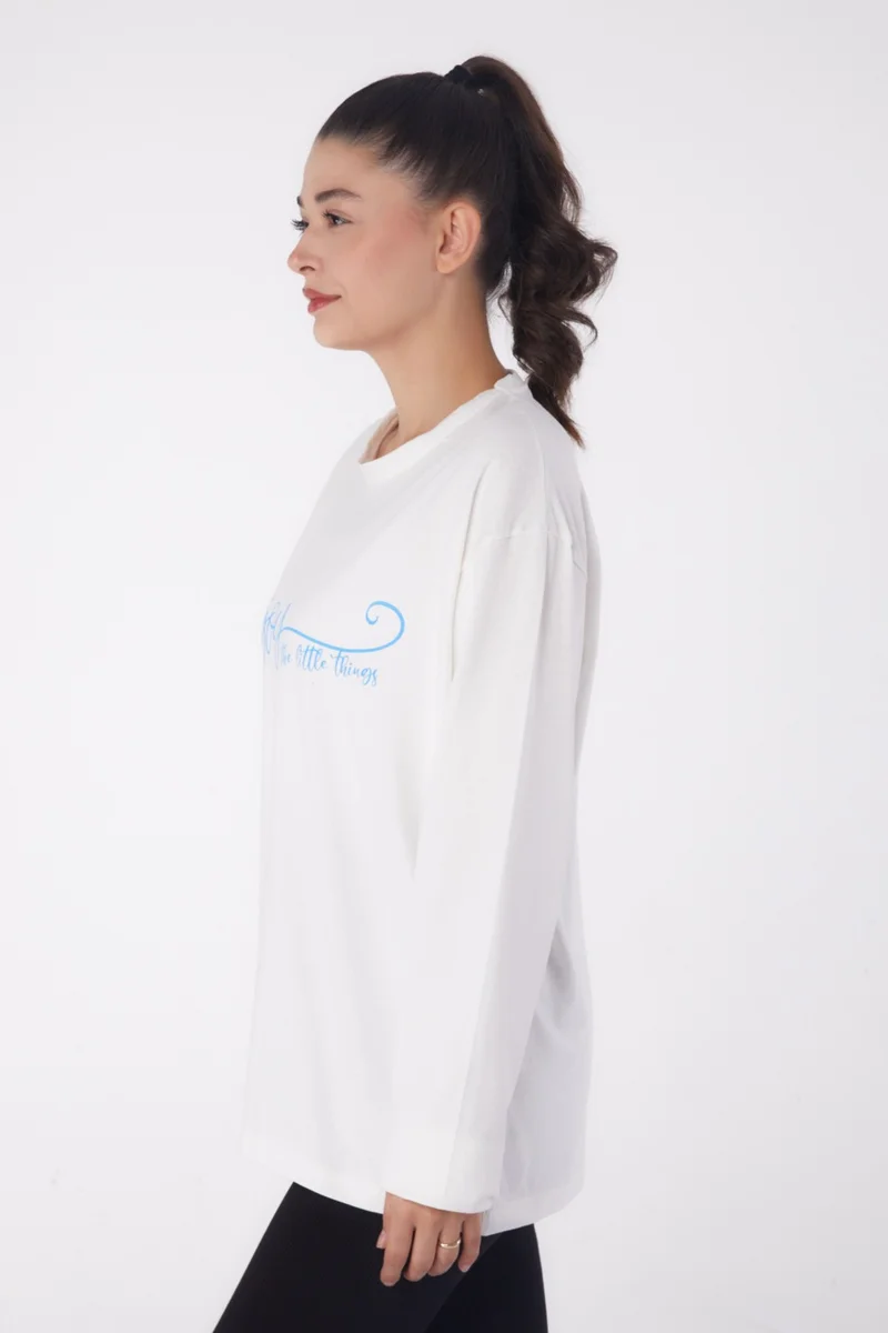 Tofisa Plain Crew Neck Women's White Printed Sweater - 26240