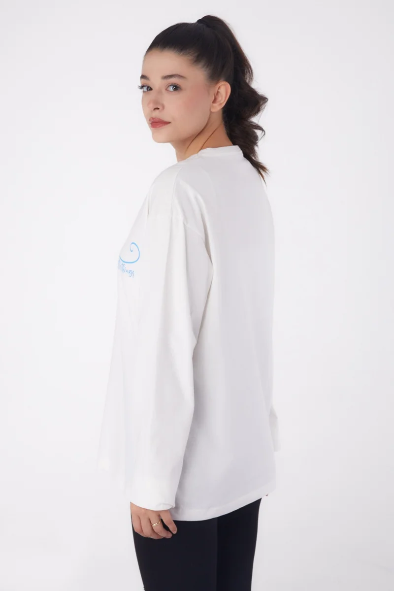 Tofisa Plain Crew Neck Women's White Printed Sweater - 26240
