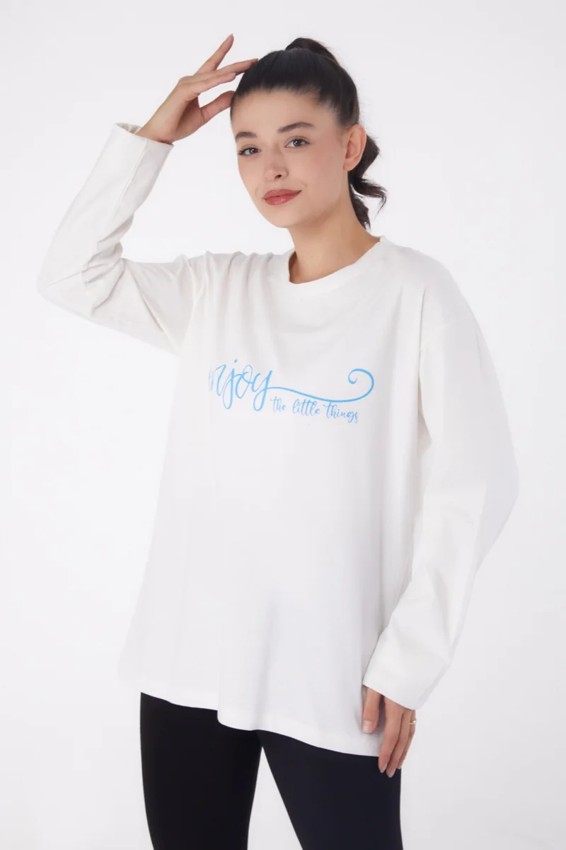 Tofisa Plain Crew Neck Women's White Printed Sweater - 26240