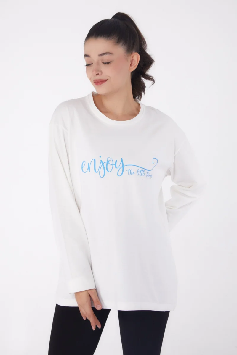 Tofisa Plain Crew Neck Women's White Printed Sweater - 26240