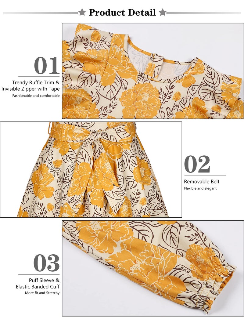 Quedoris Girls Ruffle Trim Long Sleeve Belted Dress with Zipper Yellow Floral Fall 150Y - Image 5