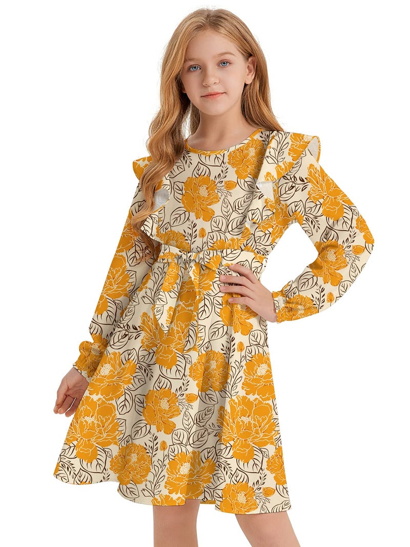 Quedoris Girls Ruffle Trim Long Sleeve Belted Dress with Zipper Yellow Floral Fall 150Y - Image 1