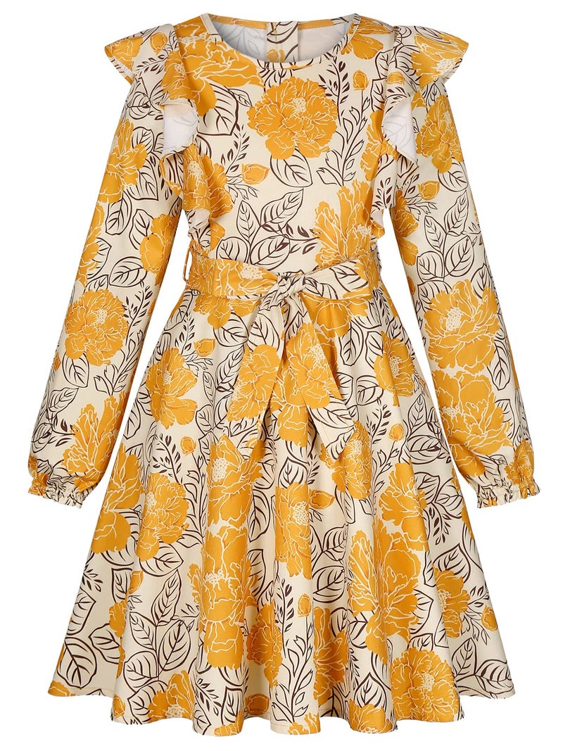 Quedoris Girls Ruffle Trim Long Sleeve Belted Dress with Zipper Yellow Floral Fall 150Y - Image 3