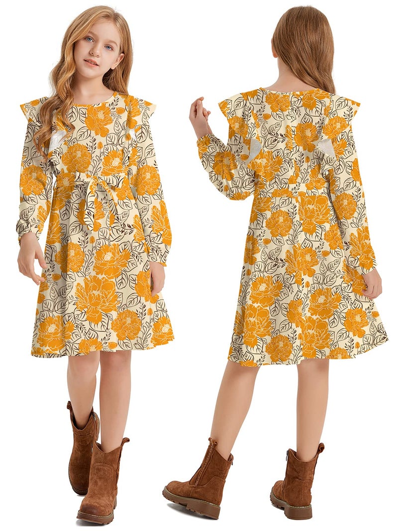 Quedoris Girls Ruffle Trim Long Sleeve Belted Dress with Zipper Yellow Floral Fall 150Y - Image 4