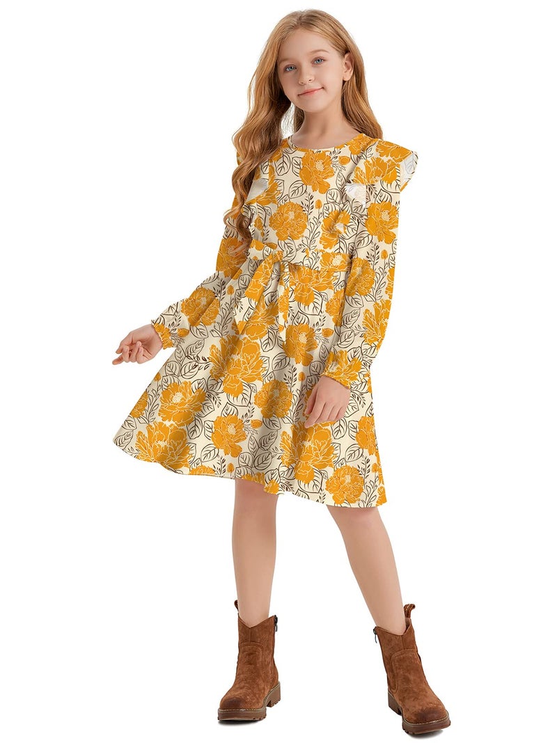 Quedoris Girls Ruffle Trim Long Sleeve Belted Dress with Zipper Yellow Floral Fall 150Y - Image 2