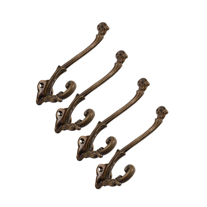 VINTAGE CAST IRON WALL HOOKS ANTIQUE BRASS FINISH SET OF 4 RUSTIC FARMHOUSE FRENCH COUNTRY COAT HOOKS GREAT FOR COATS BAGS TOWELS HATS FRENCH SLENDER