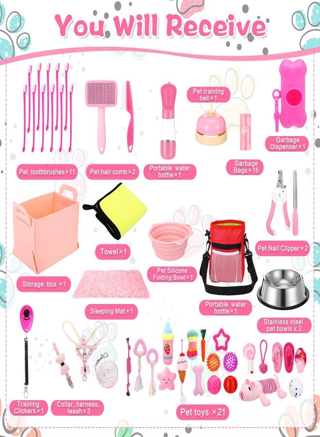 PullCrease مجموعة بول كريز المكونة من 65 قطعة من مستلزمات الجراء الأساسية للكلاب الصغيرة، تشمل مقودًا، وألعابًا، ووعاءً، وفرشًا، وزجاجات ماء، وبطانيات للكلاب، وإكسسوارات للجراء، وهدايا ترحيبية للكلاب الجديدة (وردي، لطيف). - Image 3