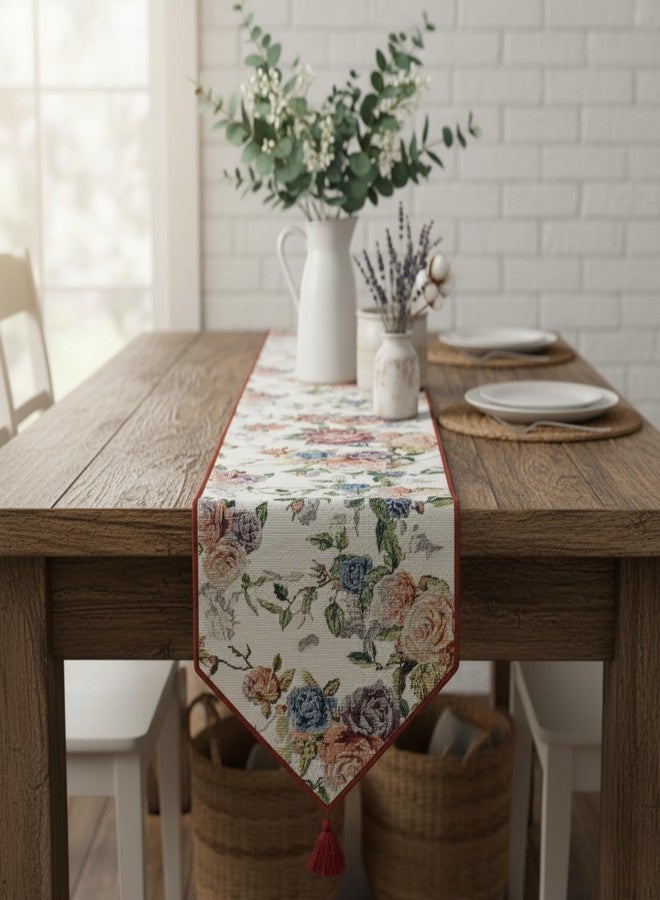 DaDa Bedding Vintage Romantic Roses Floral Tapestry Table Runner - Lovely Blossom Spring Garden Red Pink Violet Blue Design - Elegant Decorative Cotton Linen Woven Dining Mats - 13" x 54" - Image 2