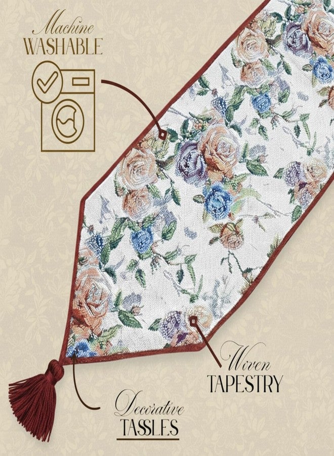 DaDa Bedding Vintage Romantic Roses Floral Tapestry Table Runner - Lovely Blossom Spring Garden Red Pink Violet Blue Design - Elegant Decorative Cotton Linen Woven Dining Mats - 13" x 54" - Image 5