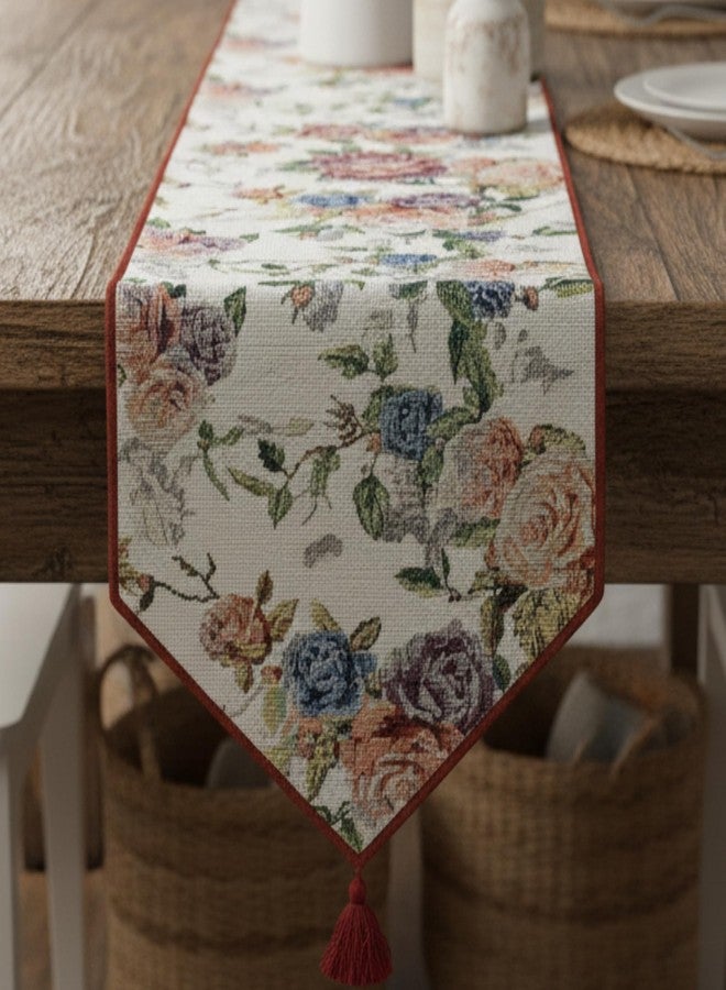 DaDa Bedding Vintage Romantic Roses Floral Tapestry Table Runner - Lovely Blossom Spring Garden Red Pink Violet Blue Design - Elegant Decorative Cotton Linen Woven Dining Mats - 13" x 54" - Image 1