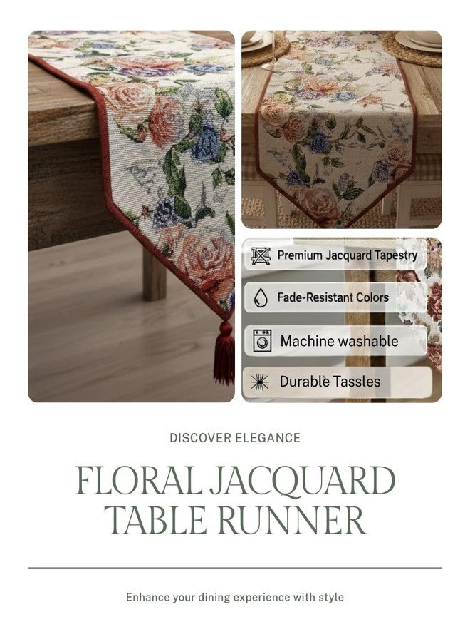 DaDa Bedding Vintage Romantic Roses Floral Tapestry Table Runner - Lovely Blossom Spring Garden Red Pink Violet Blue Design - Elegant Decorative Cotton Linen Woven Dining Mats - 13" x 54" - Image 3