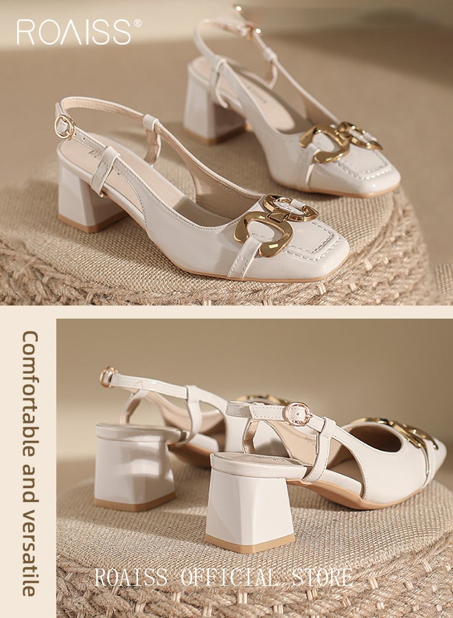roaiss Women's Metal Decor Square Toe Slingback Pumps with Chunky Heel Elegant Sandals with Ankle Strap Buckle All-Day Comfort Soft Lightweight Summer Shoes Beige - Image 3