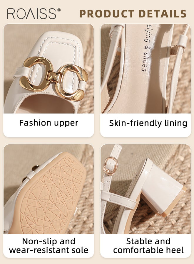 roaiss Women's Metal Decor Square Toe Slingback Pumps with Chunky Heel Elegant Sandals with Ankle Strap Buckle All-Day Comfort Soft Lightweight Summer Shoes Beige - Image 5
