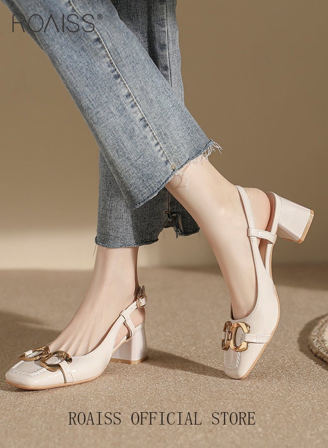 roaiss Women's Metal Decor Square Toe Slingback Pumps with Chunky Heel Elegant Sandals with Ankle Strap Buckle All-Day Comfort Soft Lightweight Summer Shoes Beige - Image 2