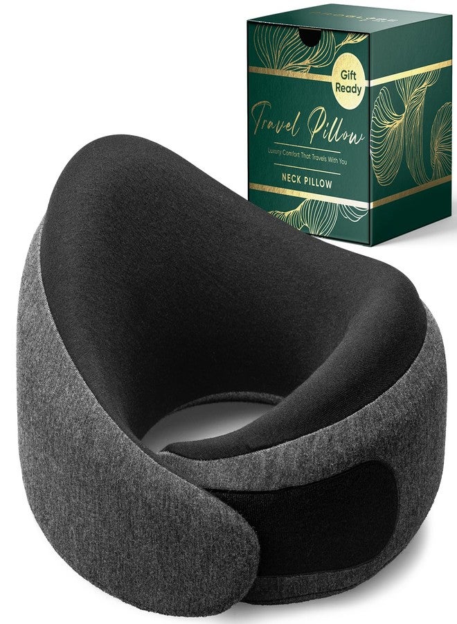 Proglobe Ash Black Memory Foam Travel Neck Pillow for Airplanes, Compact Plane Cushion for Long Flights with Soft Chin Support and Compression Bag, Comfortable Lightweight Air Travel Accessory - Image 1