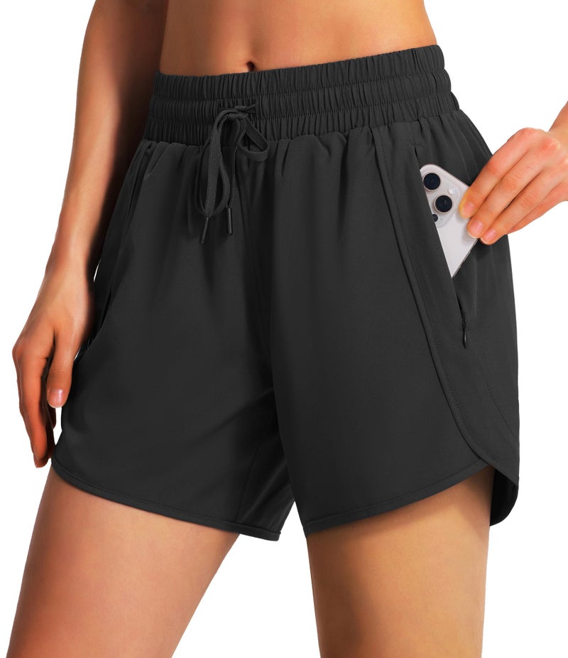 Ksmien Women's 5"/ 7" Athletic Running Shorts Quick Dry Lightweight Workout Gym Shorts with Zipper Pockets UPF 50+ Black - Image 1