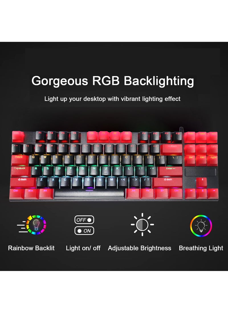 Rock Pow - 87 Keys Mechan87 Keys Mechanical Gaming Keyboard USB Wired Keyboard Ergonomic Computer Keyboard with RGB LED Backlit Anti-ghosting Splash-Proof Ideal for PC/Macical Gaming Keyboard USB Wired Keyboard - Image 1