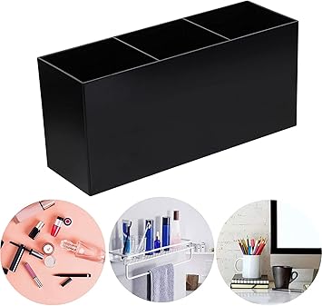 OWAYOTO Makeup Brush Organizer Acrylic Tray 3 Slot Office Desk Stationery Holder Black Box - Image 3
