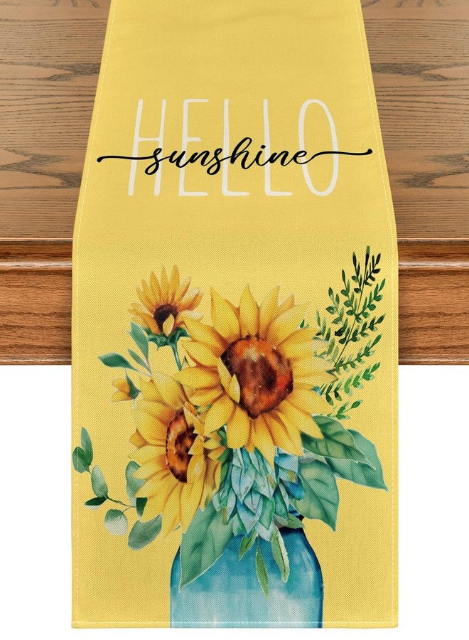 Artoid Mode Yellow Hello Sunshine Sunflower Summer Table Runner, Seasonal Spring Kitchen Dining Table Decoration for Home Party Decor 13x60 Inch - Image 1