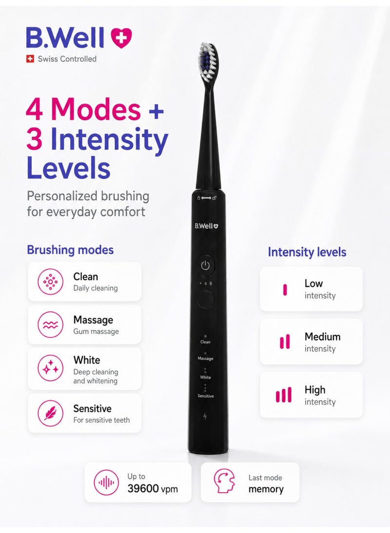 B.Well MED-870 Black Electric Sonic Toothbrush with 2 Brush Heads, USB Cable & Travel Bag - Image 5