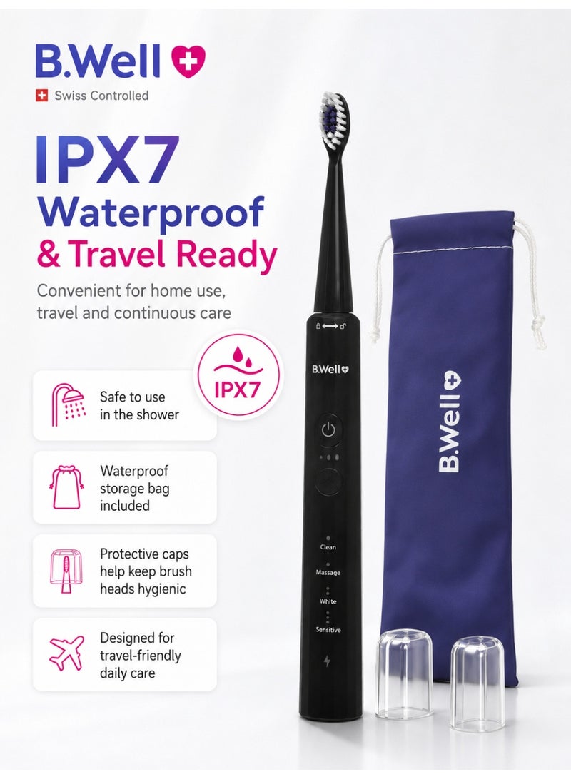 B.Well MED-870 Black Electric Sonic Toothbrush with 2 Brush Heads, USB Cable & Travel Bag - Image 4