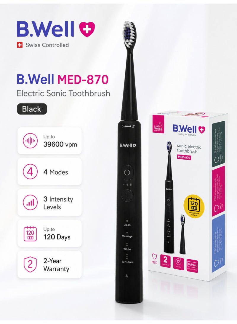 B.Well MED-870 Black Electric Sonic Toothbrush with 2 Brush Heads, USB Cable & Travel Bag - Image 3