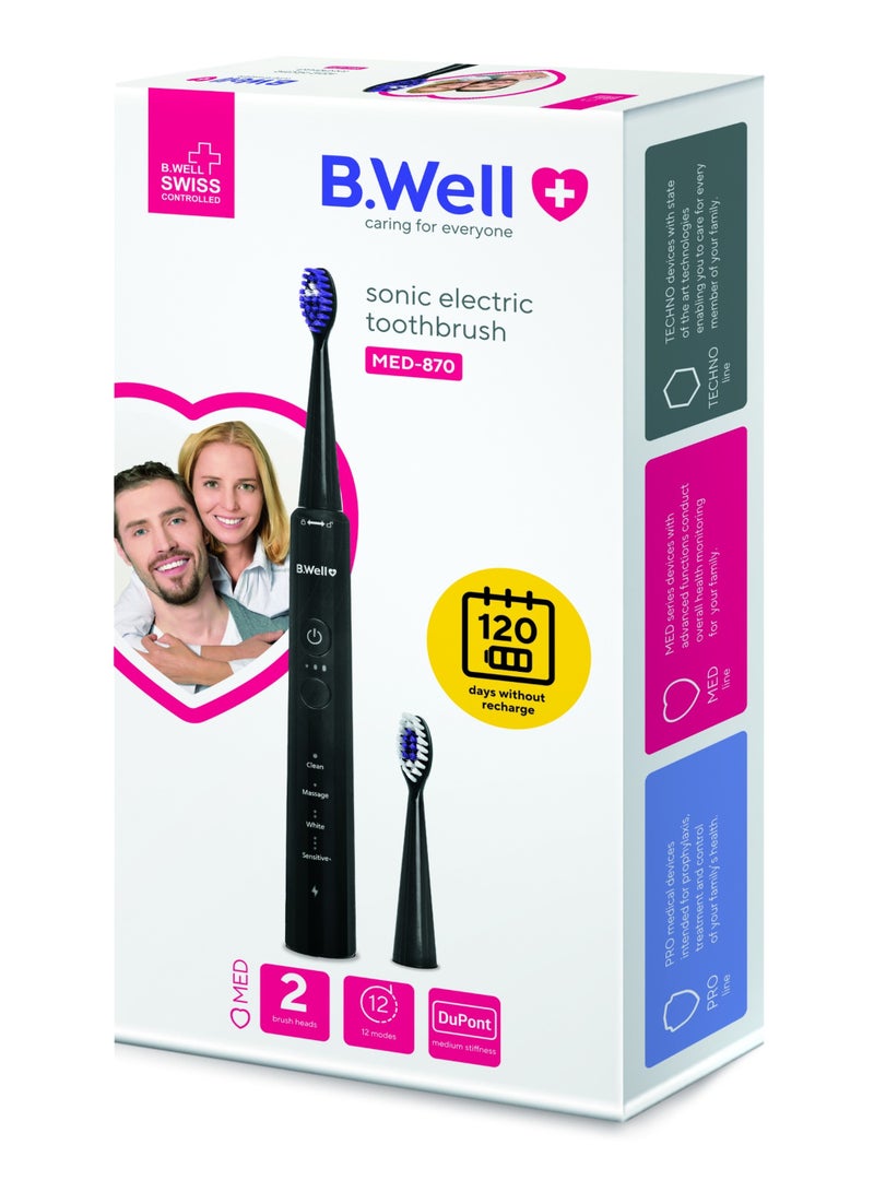 B.Well MED-870 Black Electric Sonic Toothbrush with 2 Brush Heads, USB Cable & Travel Bag - Image 2