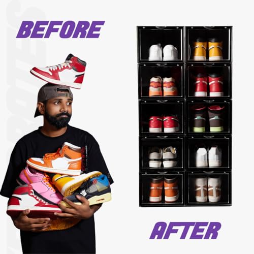 SNEAKARE Shoe Stackable Storage Box and Organiser | Shoe Storage Organizer Plastic Box | Heavy Duty Plastic Sneaker Crates with Magnetic Closure Sneaker | Fits upto UK14 | Pack of 1 (Black) - Image 2