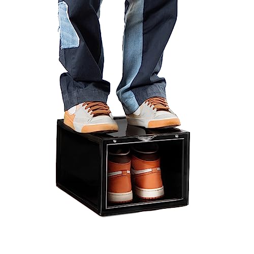 SNEAKARE Shoe Stackable Storage Box and Organiser | Shoe Storage Organizer Plastic Box | Heavy Duty Plastic Sneaker Crates with Magnetic Closure Sneaker | Fits upto UK14 | Pack of 1 (Black) - Image 1