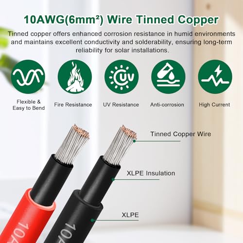 YDDECW Solar Panel Wire 10 AWG(6mm²) - Solar Extension Cable 100Ft Black & 100Ft Red 10 Gauge Tinned Copper PV Wire for Outdoor Automotive RV Solar Panel Boat Marine (Black+Red) - Image 2