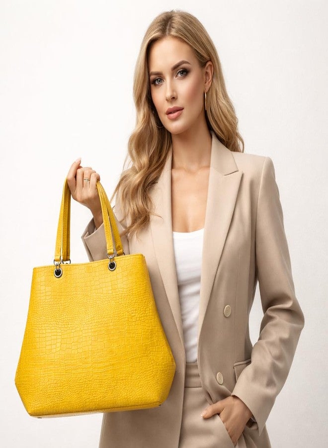 Yellow Croc-Textured Tote Handbag | Women’s Fashion Shoulder Bag - Image 2