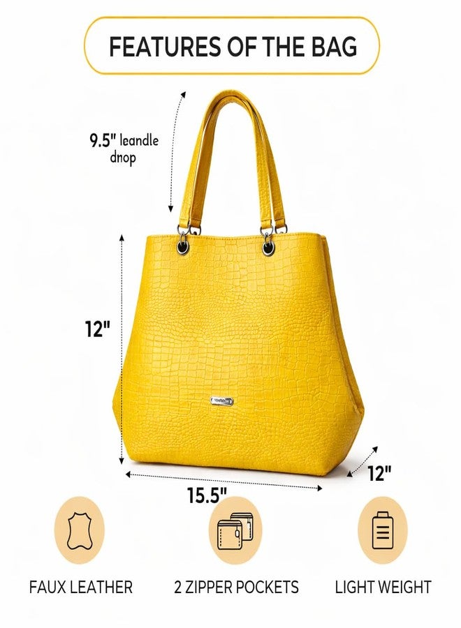 Yellow Croc-Textured Tote Handbag | Women’s Fashion Shoulder Bag - Image 4