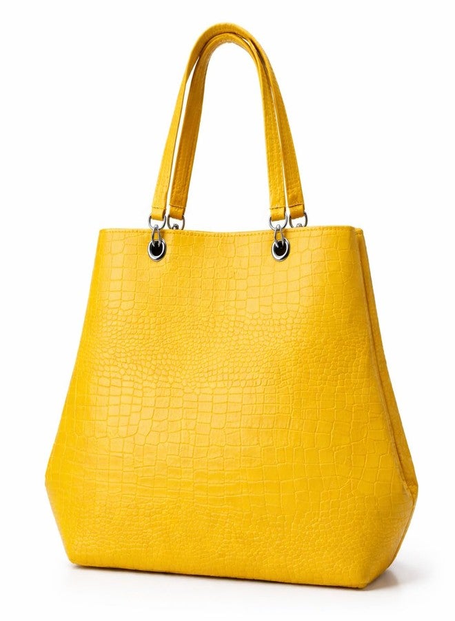 Yellow Croc-Textured Tote Handbag | Women’s Fashion Shoulder Bag - Image 3