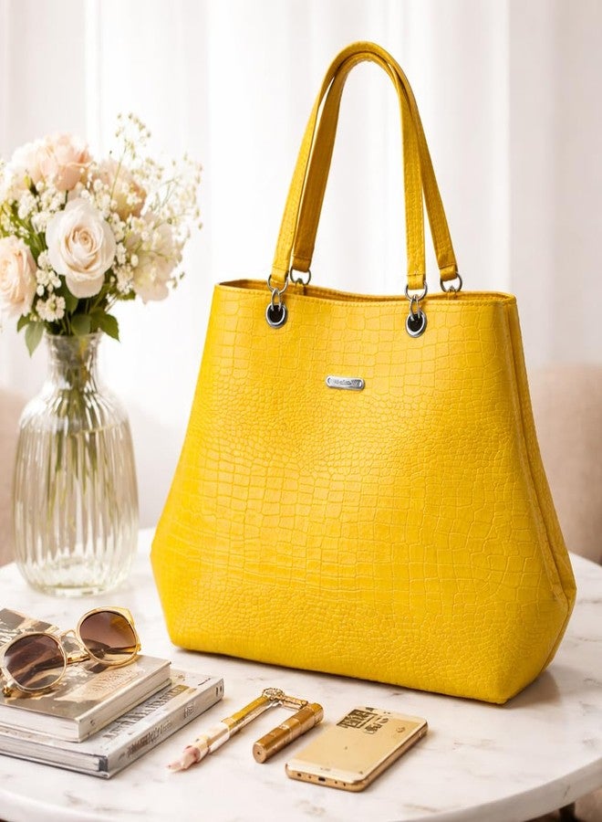 Yellow Croc-Textured Tote Handbag | Women’s Fashion Shoulder Bag - Image 5