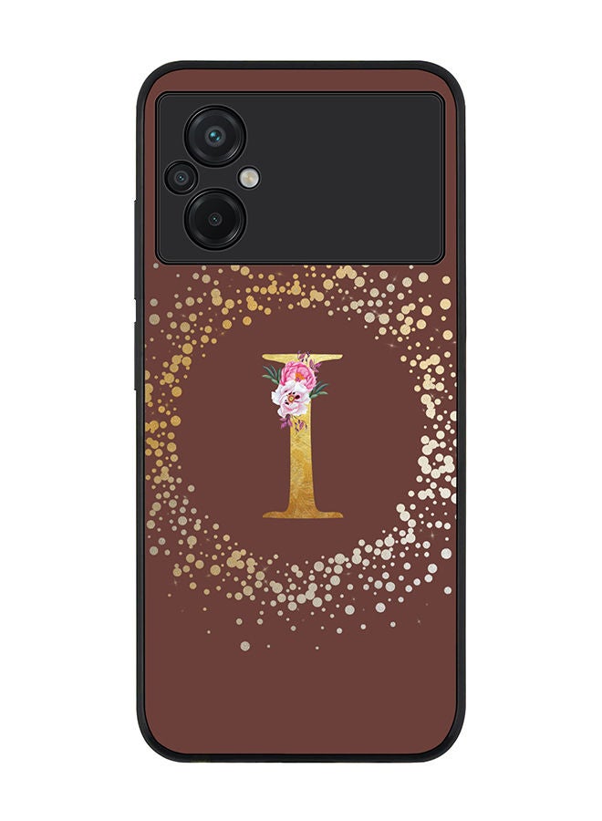 Stylizedd Rugged Black edge case for Xiaomi Poco M5 Slim fit Soft Case Flexible Rubber Edges TPU Gel Thin Cover - Custom Monogram Initial Letter Floral Pattern Alphabet - I (Brown) - Image 1