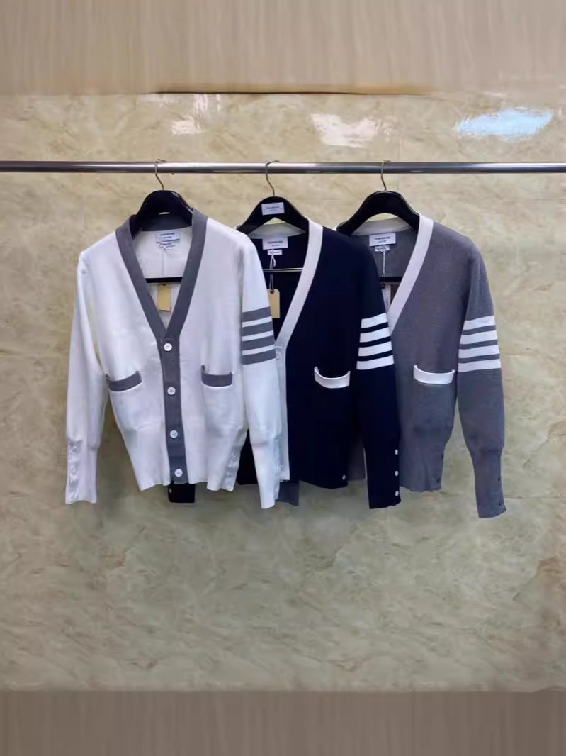 Factory Straight Thom Tom Early Spring New Classic Four Bar Colorblock Wool Blend Knitted V-Neck Cardigan - Image 2