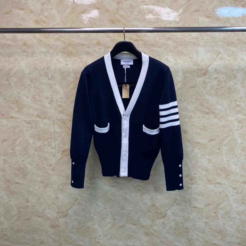 Factory Straight Thom Tom Early Spring New Classic Four Bar Colorblock Wool Blend Knitted V-Neck Cardigan - Image 1