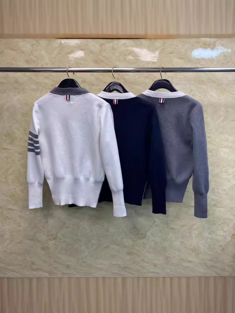 Factory Straight Thom Tom Early Spring New Classic Four Bar Colorblock Wool Blend Knitted V-Neck Cardigan - Image 3