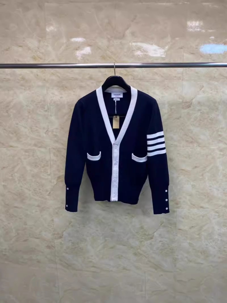 Factory Straight Thom Tom Early Spring New Classic Four Bar Colorblock Wool Blend Knitted V-Neck Cardigan - Image 5