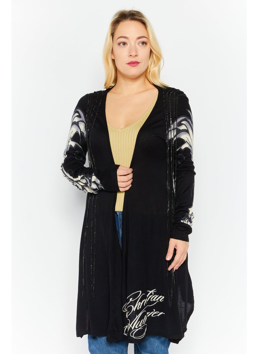 CHRISTIAN AUDIGIER Women Open Front Long Sleeve Textured Cardigan, Black  - Image 1