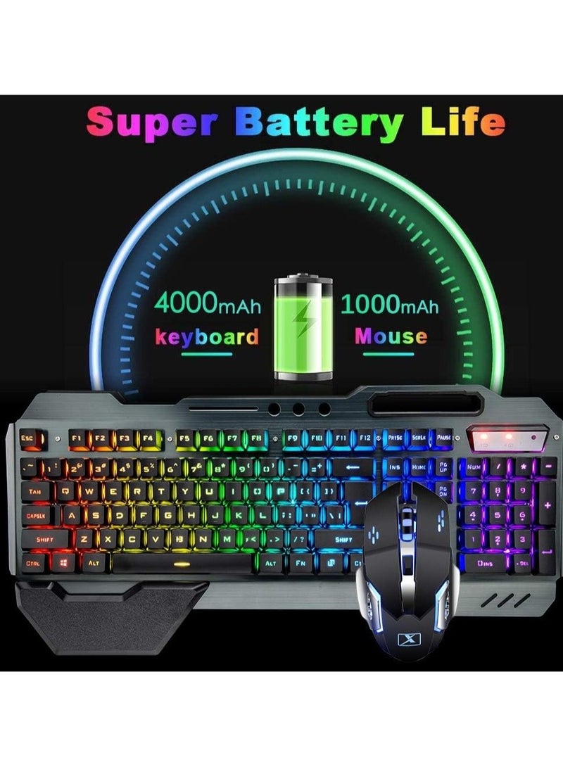 Wireless Gaming Keyboard And Mouse, Quiet Ergonomic Mechanical Feeling Keyboard With Removable Hand Rest, Portable Durable Rechargeable Keyboard Mouse Set PC Gamer, (Black Rainbow) - Image 2