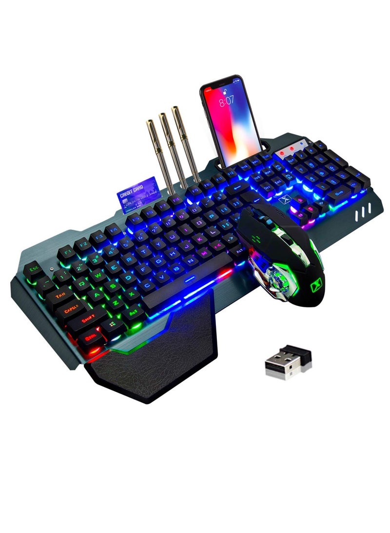 Wireless Gaming Keyboard And Mouse, Quiet Ergonomic Mechanical Feeling Keyboard With Removable Hand Rest, Portable Durable Rechargeable Keyboard Mouse Set PC Gamer, (Black Rainbow) - Image 1