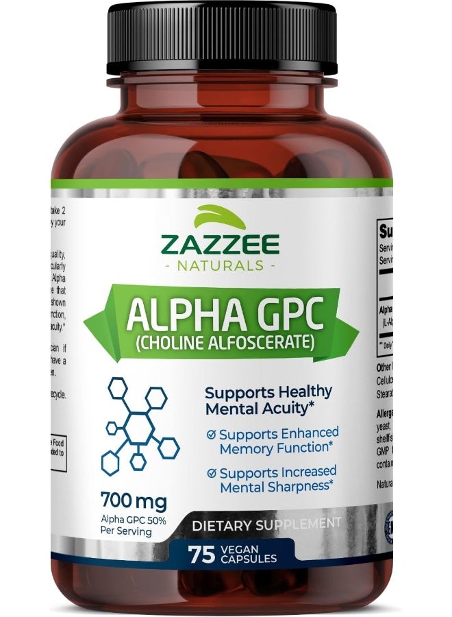 Zazzee Alpha GPC Choline 600 mg per Serving, 75 Count, Vegan, Support for Overall Brain Function, Memory, Focus and Concentration - Image 1